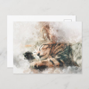 Beautiful and cute kitten sleeping watercolor postcard