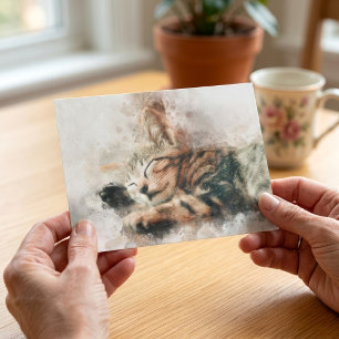 Beautiful and cute kitten sleeping watercolor postcard