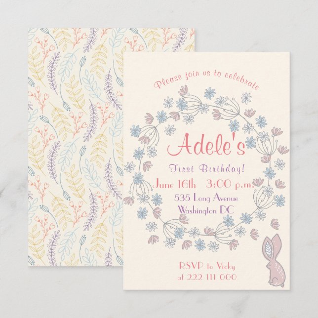 Beautiful and simple girl's 1ST birthday Floral Invitation (Front/Back)
