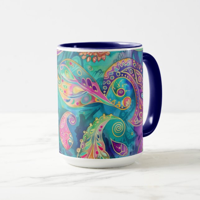 Beautiful and Vibrant Whimsical Paisley  Mug (Front Right)