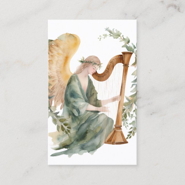 Beautiful Angel Playing Harp Watercolor Business Card (Front)