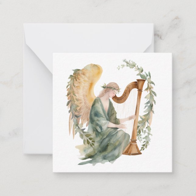 Beautiful Angel Playing Harp Watercolor Card (Front)