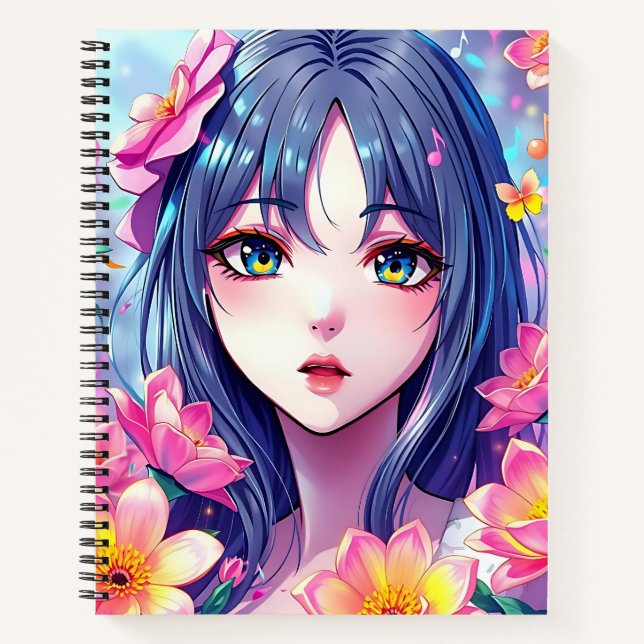 Beautiful Anime Girl and Flowers Notebook (Front)