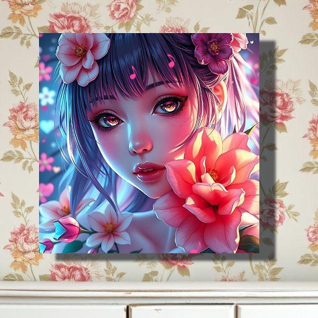 Beautiful Anime Girl Glitchcore Floral Canvas Print (Creator Uploaded)
