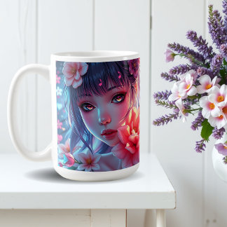 Beautiful Anime Girl Glitchcore Floral Coffee Mug