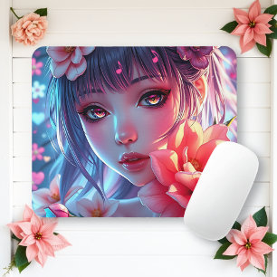 Beautiful Anime Girl Glitchcore Floral Mouse Pad