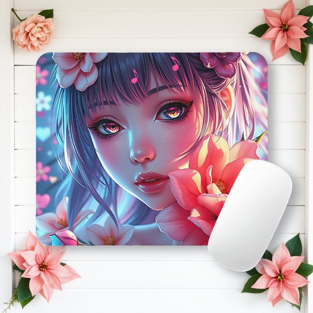 Beautiful Anime Girl Glitchcore Floral Mouse Pad (Creator Uploaded)