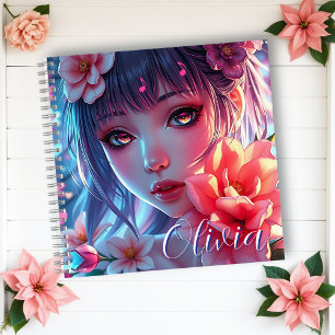 Beautiful Anime Girl Glitchcore Floral Notebook