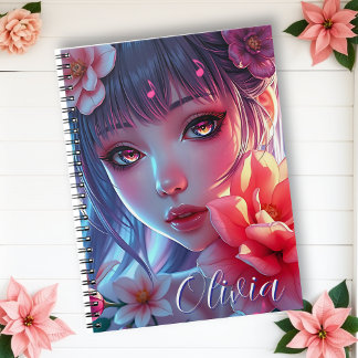 Beautiful Anime Girl Glitchcore Floral Notebook