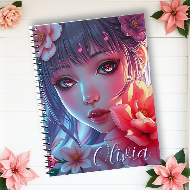 Beautiful Anime Girl Glitchcore Floral Notebook (Creator Uploaded)