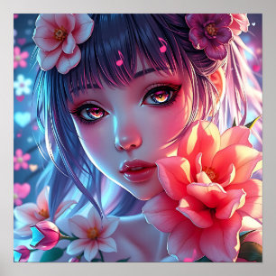 Beautiful Anime Girl Glitchcore Floral Poster