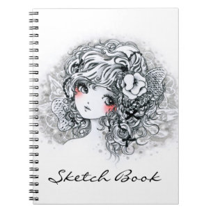 Beautiful anime girl in black and white spiral notebook