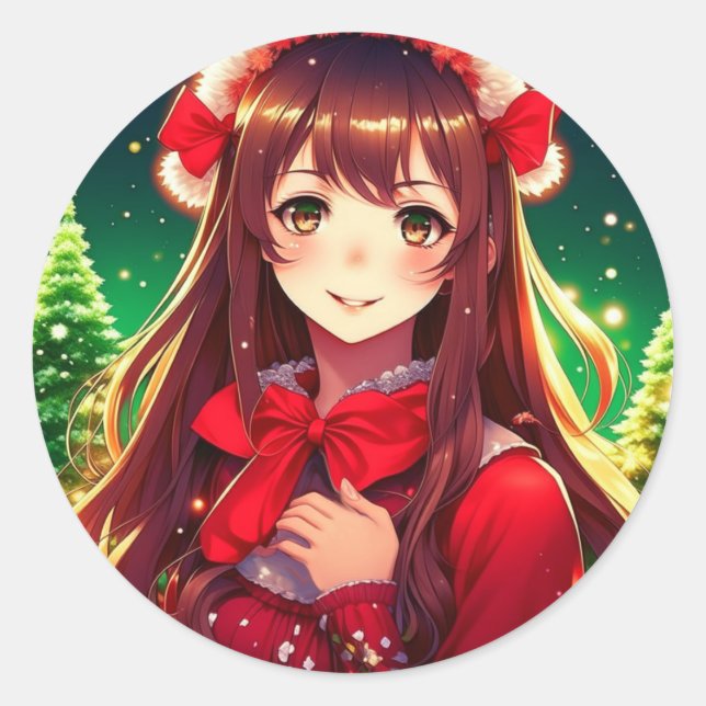 Beautiful Anime Girl in Festive Red Christmas Classic Round Sticker (Front)