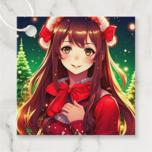Beautiful Anime Girl in Festive Red Christmas Favour Tags