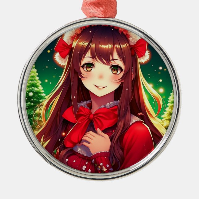 Beautiful Anime Girl in Red Christmas Metal Tree Decoration (Front)