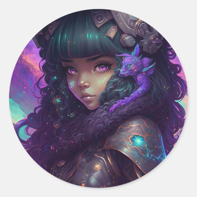 Beautiful Anime Girl Warrior Classic Round Sticker (Front)