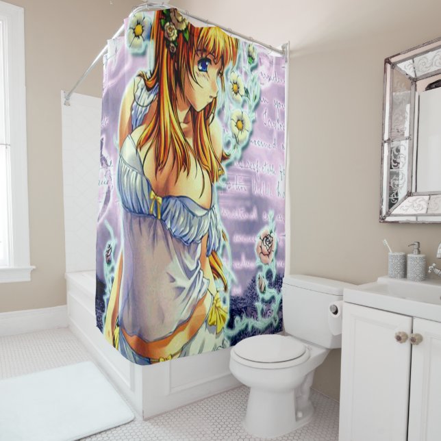 Beautiful Anime Girl With Flowers Shower Curtain (In Situ)