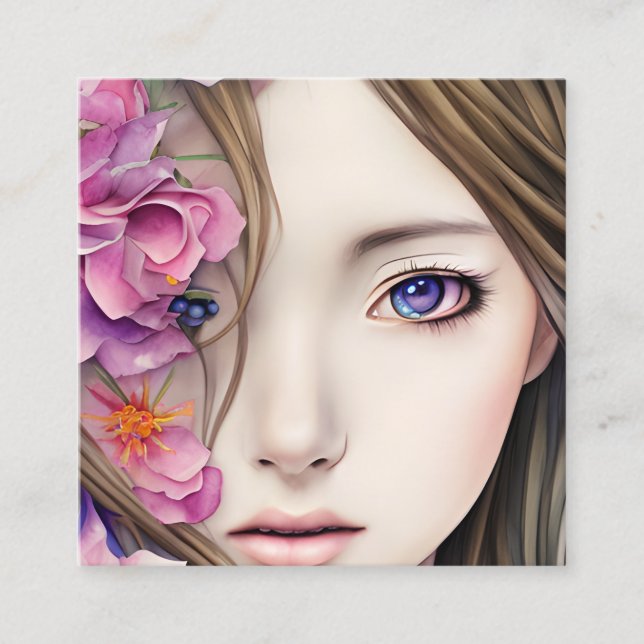Beautiful Anime Girl with Flowers Square Business Card (Front)