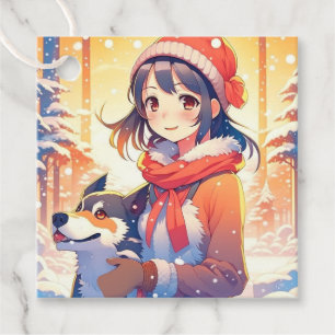 Beautiful Anime Girl with Husky Dog Christmas Favour Tags