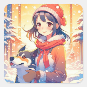 Beautiful Anime Girl with Husky Dog Christmas Square Sticker