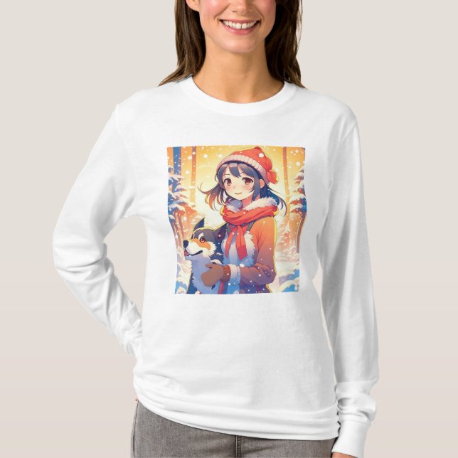Beautiful Anime Girl with Husky Dog Christmas T-Shirt (Front)