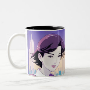 Beautiful Anime Woman New York City Style  Two-Tone Coffee Mug