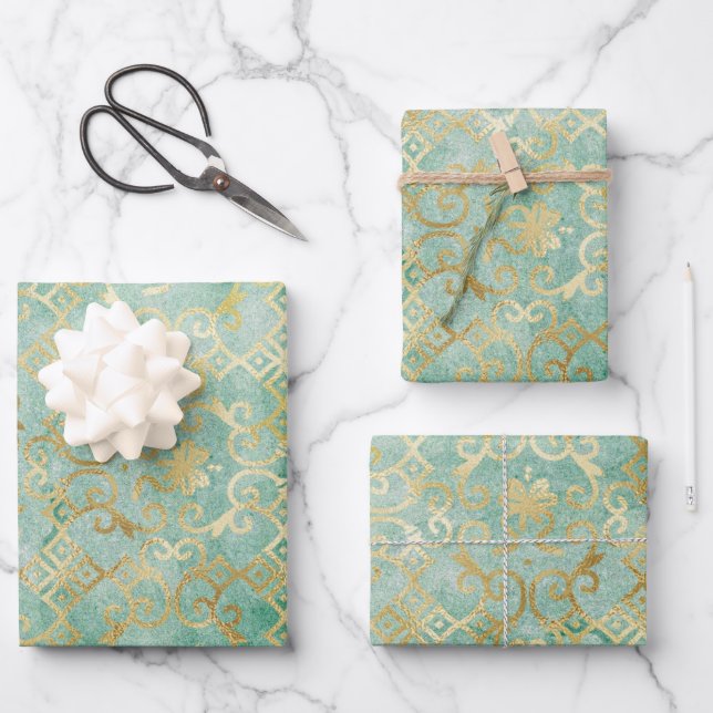 Beautiful antique design green and gold   wrapping paper sheet (Front)