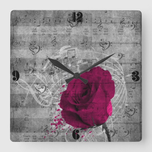 Beautiful antique hot pink rose square wall clock (Front)
