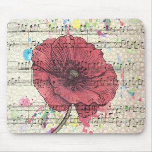 Beautiful antique poppy flower music notes mouse pad