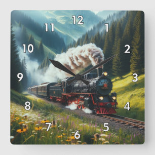 Beautiful Antique Steam Engine Locomotive Square Wall Clock