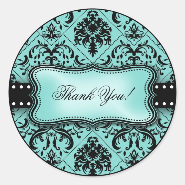 Beautiful Aqua Blue and Black Damask Thank You Classic Round Sticker (Front)