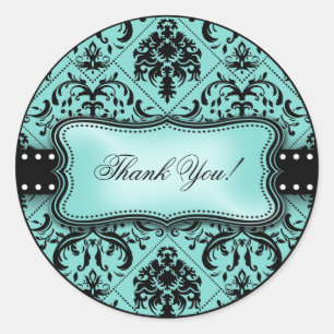 Beautiful Aqua Blue and Black Damask Thank You Classic Round Sticker
