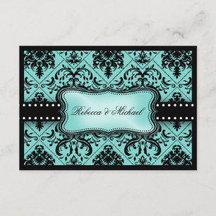 Beautiful Aqua Blue & Black Damask RSVP Cards