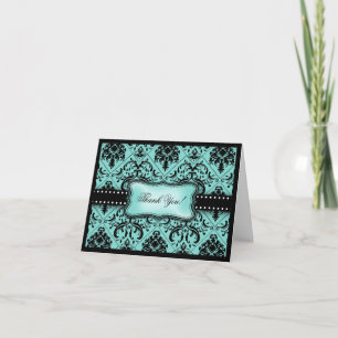 Beautiful Aqua Blue & Black Damask Thank You Card