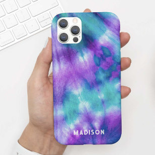 Beautiful Aqua Purple Tie Dye Watercolor + Name iPhone 13 Pro Case