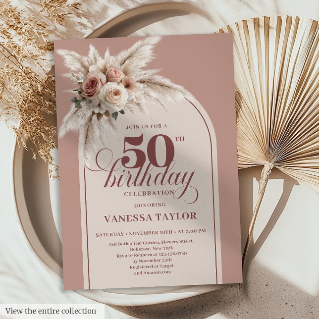 Beautiful Arch Pastel Pink Pampas Floral Fifty 50 Invitation (Beautiful Arch Pastel Pink Pampas Floral 50th Birthday)