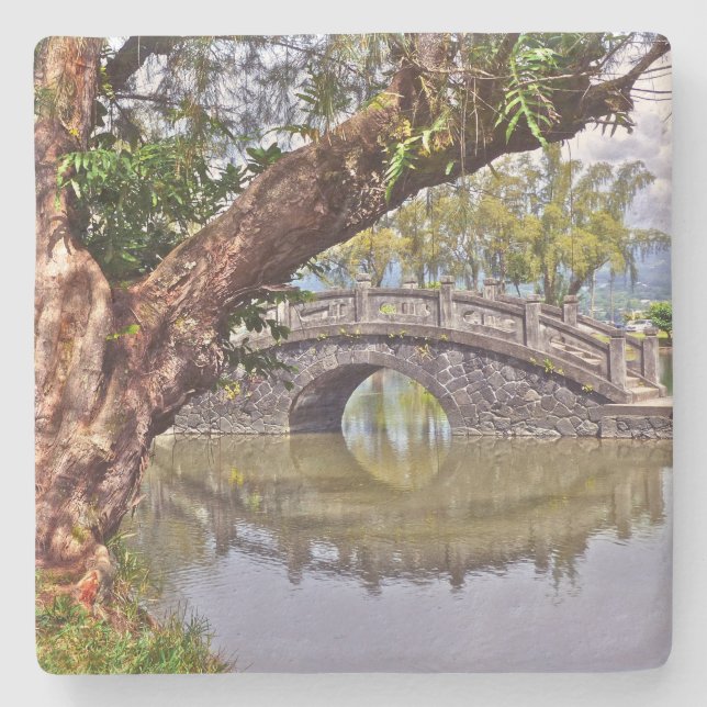 BEAUTIFUL ARCHED STONE BRIDGE REFLECTED IN POND COASTER (Front)