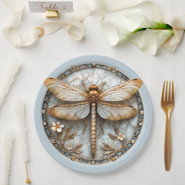 Beautiful Art Deco Enamel Dragonfly Gold Pearls Paper Plate (Wedding)