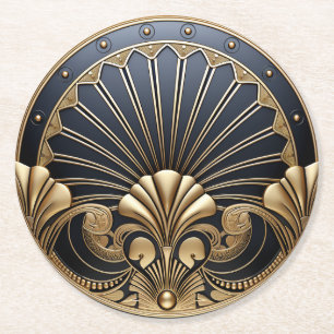 Beautiful Art Deco Gold & Navy  Round Paper Coaster