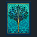 Beautiful Art Deco Peacock Fan Poster. Poster<br><div class="desc">I created this beautiful Art Deco Peacock Fan myself. I am in love with the colors that I blended together for the background. With a Deco patterned background and an Art Deco style Peacock feather fan,  this poster is striking. I really hope you like it.</div>