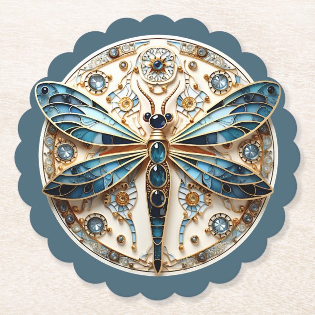 Beautiful Art Deco Stained Glass Dragonfly   Paper Coaster (Front)