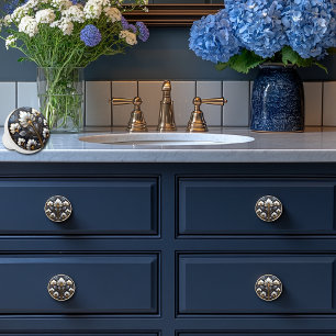 Beautiful,Art Deco White Waterlilies On Blue Ceramic Knob