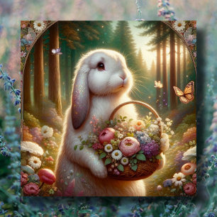 Beautiful Art Nouveau Bunny Flower Basket Easter  Holiday Card