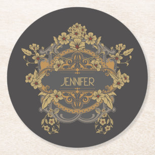 Beautiful Art Nouveau design with flowers Round Paper Coaster