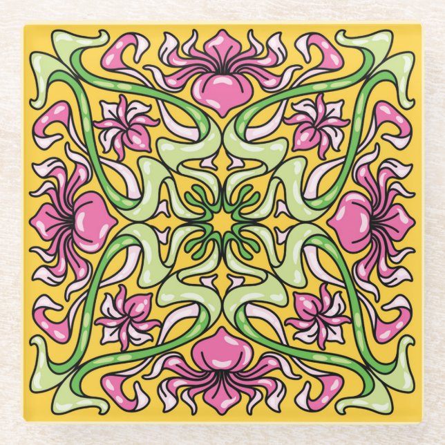 Beautiful Art Nouveau tile with Iris flowers Glass Coaster (Front)