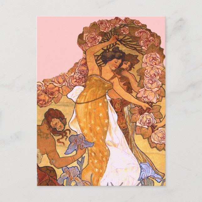Beautiful Art Nouveau Women with Irises and Roses Postcard (Front)