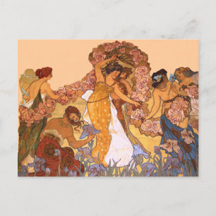 Beautiful Art Nouveau Women with Irises and Roses Postcard