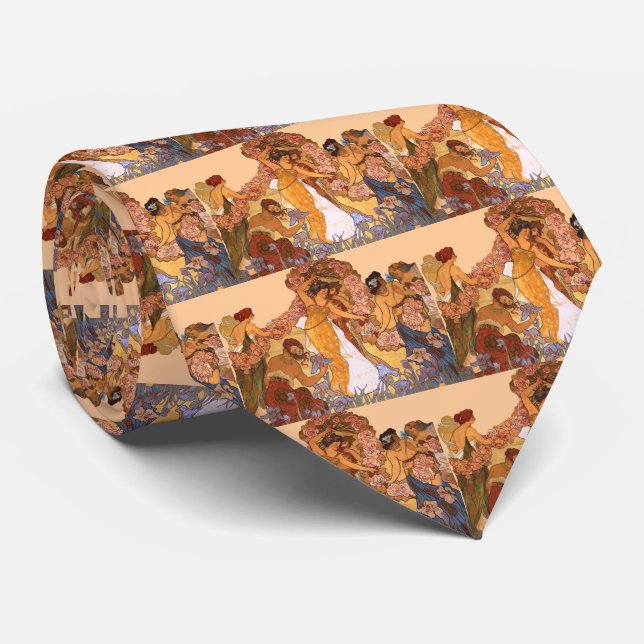 Beautiful Art Nouveau Women with Irises and Roses Tie (Rolled)