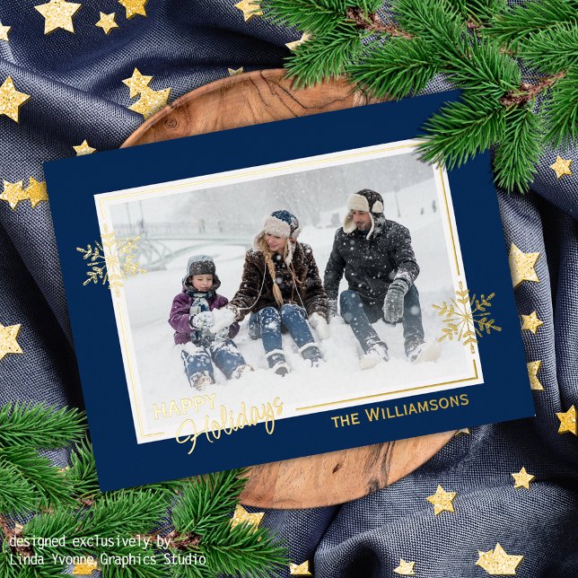 Beautiful Art Snowflakes On Dark Blue And Gold Foil Holiday Postcard (Creator Uploaded)