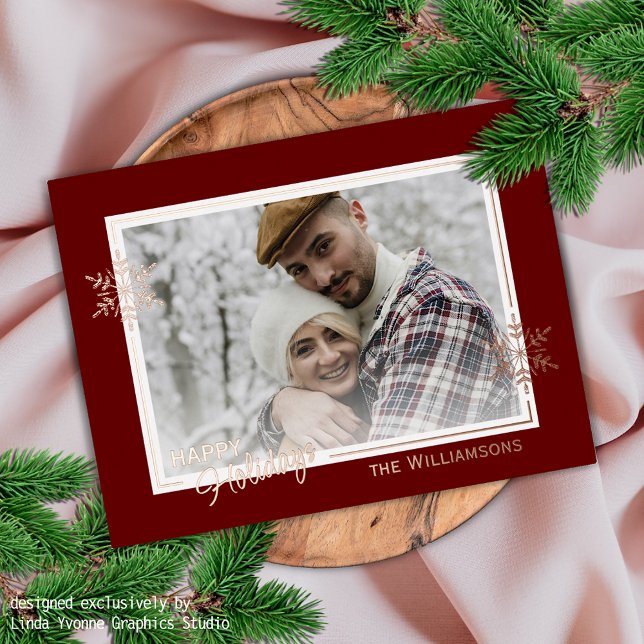 Beautiful Art Snowflakes On Dark Red And Gold Foil Holiday Postcard (Creator Uploaded)